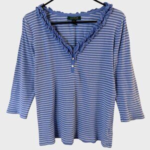 Lauren Ralph Lauren Ruffled Striped Ribbed V-Neck Henley Top Blue Women's Large
